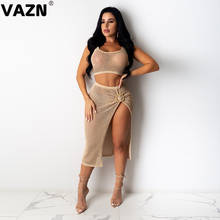 VAZN-Conjunto de dos piezas de tela de malla transparente para mujer, Top sin mangas y faldas, ropa deportiva de verano, cuello redondo, novedad de 2020 2024 - compra barato