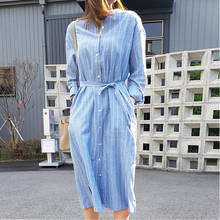 2021 Summer New Blue And White Striped Women Dresses Long Loose Shirt Lady Dresses Outwear Top Quality 2024 - buy cheap