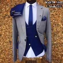 Костюм серого и синего цвета из 3 предметов, мужские костюмы для деловых встреч, свадьбы, новейшая модель пальто, брюки, уличная повседневная приталенная одежда terno, сделанная на заказ 2024 - купить недорого