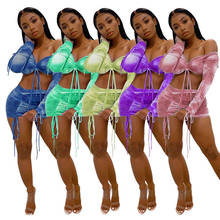 2021 Sexy Tie Dye Print Two Piece Skirt Set Drawstring Slash Neck Crop Top and Asymmetrical Skirt Night Club Party Tracksuits 2024 - buy cheap