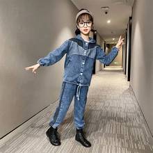 Baby Girl Hooded Denim Jackets coat + Drawstring Jeans 2Pcs/sets Children Solid Color Fashion Jeans Suit 3 4 6 7 8 9 10 12 Years 2024 - buy cheap