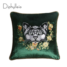 Diphylleia 2021 Artistic Antique style luxury velvet animal cat embroidery Pillow case Bedroom Sofa Dark Green cushion cover 2024 - buy cheap
