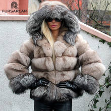 FURSARCAR-Chaqueta de invierno con capucha para mujer, abrigo de piel Natural auténtica con capucha de retazos, de Azul Real, plateado 2024 - compra barato