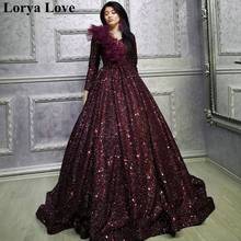 Burgundy Formal Party Night Evening Dresses 2021Luxury Women Elegant Sequined Robe De Soiree Long Sleeves Vintage Prom Dress 2024 - buy cheap