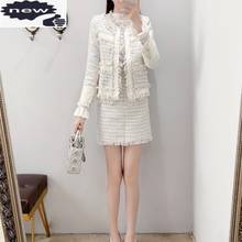 Conjunto de mini-saia feminina tweed, conjunto listrado de outono inverno com borla retrô elegante de duas peças 2024 - compre barato