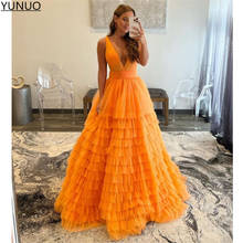 YUNUO Orange Tulle Layered Skirt Prom Evening Dresses A-line Deep V-neck Sleeveless Tiered vestidos elegantes Party Dress Long 2024 - compre barato