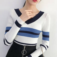 2019 Striped Sweaters Winter Women V Neck Knitted Pullover Slim Tops Casual Full Sleeve Fashion Pull Femme Jumper 2024 - buy cheap