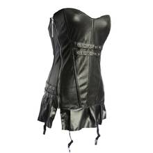 S-2XL Gothic Black Zipper PU Leather Corset Bustier Dress Set Overbust Sexy Lingerie Women Lace Corselet Tops Skirt Thong 2024 - buy cheap
