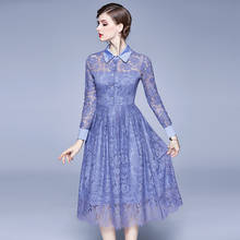 Женское кружевное платье с длинным рукавом, повседневное облегающее платье-трапеция с цветочным принтом, элегантное офисное синее платье с широкой юбкой, весна-осень 2021 2024 - купить недорого