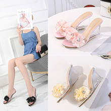 Pantufa feminina com salto alto 8cm, sandália transparente de cristal para mulheres, sapato de verão, sexy, flores, imperdível, 2020 2024 - compre barato
