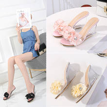 Hot Female Slipper Flowers Sexy Wedges Slipper Women 2020 High-heeled 8CM Cool Slippers Transparent Crystal Summer Women Shoes 2024 - buy cheap