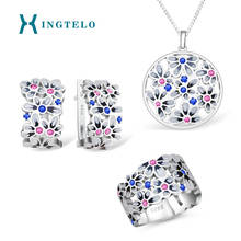 XINGTELO 925 Sterling Silver Jewelry Set for Women Pink Blue Cubic Zirconia Pendant Ring Chain Earrings Enamel Flower Jewelry 2024 - buy cheap