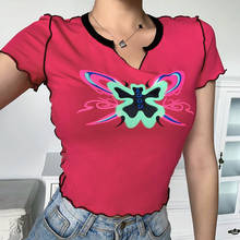 Camiseta vintage de verano para mujer, camiseta sexy ajustada con estampado de mariposa, camisa de manga corta, ropa de algodón roja para mujer, Camiseta con cuello en V 2024 - compra barato