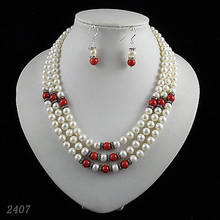 Beautiful Terisa Pearl Jewelry Set 3 Rows White Genuine Freshwater Pearls Red Coral Rhinestone Necklace Earrings Women Gift 2024 - buy cheap