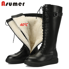 Asumer-botas femininas de couro legítimo cano alto, calçado baixo com fivela, fivela quente, inverno, lã, neve, mais novo, 2021 2024 - compre barato