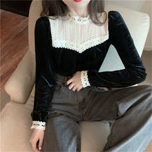 Blusa de terciopelo con manga larga para otoño, camisa elegante con encaje para mujer, Estilo Vintage, 2021 2024 - compra barato