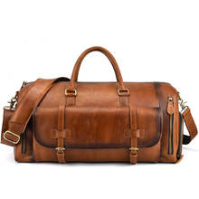 Homens de couro genuíno bolsa de viagem bolsa de couro de vaca grande viagem duffel retro saco de fim de semana homem grande capacidade saco de bagagem 2024 - compre barato