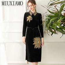 MIUXIMAO, весна-осень 2021, женское Новое Стильное черное модное Повседневное платье до колена с цветочной вышивкой и длинным рукавом 2024 - купить недорого