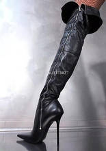 Botas largas de cuero con cremallera lateral para mujer, zapatos de tacón de aguja con punta puntiaguda y pliegues por encima de la rodilla, Sexy, color negro, Invierno 2024 - compra barato