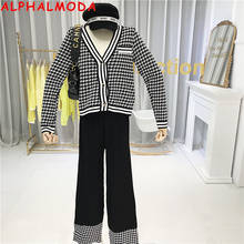 Alalmoda primavera 2020 roupas de malha, cardigãs femininos com pernas largas, conjunto de 2 peças de tricô, preto, branco, elegante 2024 - compre barato