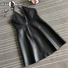 Sexy Women Straps V Neck Dress Sheepskin Genuine Leather Dresses High Waist Mini Length Club Party Ladies Suspenders Sundress 2024 - buy cheap