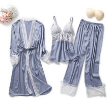 Daeyard-Conjunto de pijama de seda para mujer, ropa de dormir Sexy con encaje recortado, camisola y pantalones, bata de verano y otoño, 3 piezas 2024 - compra barato