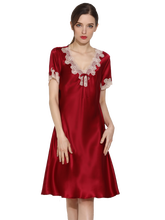 100% mulberry seda camisola feminina primavera e verão de manga curta de seda vestido de dormir renda seda sleepwear vermelho 2024 - compre barato