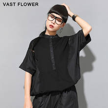 Camiseta feminina preta com trabalho de retalhos, camiseta feminina folgada com gola alta manga curta casual verão 2021 2024 - compre barato