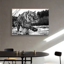 Preto e branco tigre pintura da lona selvagem animal arte impressão cartaz moderno pintura da parede sala de estar decoração imagens 2024 - compre barato