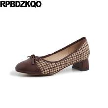Chunky Block Casual Round Toe Thick 2021 Women Pumps Plaid Brown Fashion Genuine Leather Bow Korean Designer Size 4 34 Low Heels 2024 - buy cheap