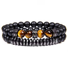 2pcs Men Bracelet Natural Tiger Eye Stone Beads Bracelet Black Hematite Beads Micro Pave CZ Charm Bracelet Jewelry for Women Men 2024 - buy cheap