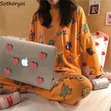 Conjunto de pijama de manga larga para mujer, ropa de dormir con estampado de dibujos animados, cuello redondo y bolsillo, estilo coreano, 2XL talla grande, estilo Harajuku, holgado y suave, Chic 2024 - compra barato