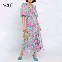 Женское платье с V-образным вырезом, пышными рукавами, высокой талией и цветочным принтом 2024 - купить недорого