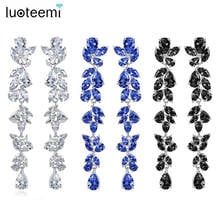 LUOTEEMI New Big Exquisite Leaf-shaped Long Drop Earrings for Women Wedding Party Luxury CZ Three Colors Jewelry Christmas Gift 2024 - buy cheap