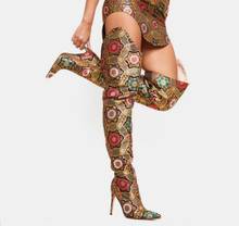 Drop Shipping Woman Gold Embroidery Python Over The Knee Boots Lady Pointed Toe Flowers Zipper Thigh High Long Knight Boots 2024 - buy cheap