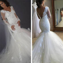 Дизайнерские великолепные белые кружевные свадебные платья с длинным рукавом, с открытой спиной, V-образным вырезом, плиссированные испанские Свадебные платья с аппликацией 2024 - купить недорого