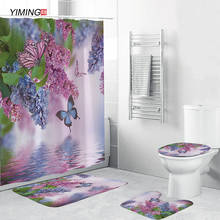 Conjunto cortina de chuveiro 3d estampa borboleta flor, a prova d'água impressão refletora conjunto de tapetes não escorregadio banheiro 4 peças 2024 - compre barato
