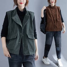 Xl colete feminino tamanho grande 2021 primavera outono literário retro veludo colete verde escuro bolso sem mangas casual jaqueta feminina 2024 - compre barato