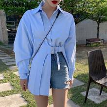 Женская блузка с отложным воротником ZCSMLL, голубая Свободная блузка с длинным рукавом и асимметричным поясом, лето-весна 2021 2024 - купить недорого