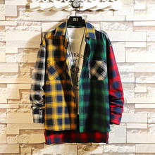 2019 autumn new Korean version of color matching plaid shirt casual loose men's long-sleeved shirt street men's hip hop shirt 2024 - buy cheap