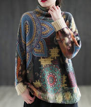 Зимние свитера для женщин, ретро принт, свободная водолазка с воротником, имитация норковой шерсти, женские модные вязаные топы 2024 - купить недорого