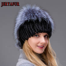 Jeryafur chapéu de pele feminino, chapéu de pele de vison verdadeiro com raposa prateada e pom-pom 2024 - compre barato