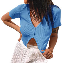 New Solid Color Short Sleeve T-shirt Sexy Buckle Button Vertical Stripes Nightclub Bar Seaside Woman Cardigan Summer Clothing 2024 - compra barato