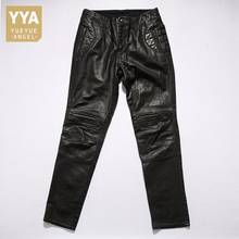 Pantalones de mezclilla de retales para hombre, pantalón Punk de moda, de cuero genuino de vaca, recto, de ocio, Otoño, 2021 2024 - compra barato