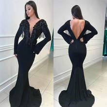 Arabic Black Mermaid Evening Dresses Deep V Neck Backless Long Sleeve Tassel Beads Long Formal Prom Party Gowns vestidos de noch 2024 - buy cheap