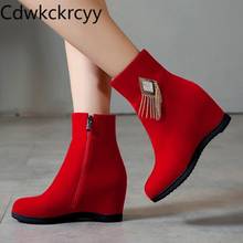 winter The New fashion Suede Side zipper Increase within Women boots red Rhinestone tassel Keep warm High heel Women boots 34-43 2024 - buy cheap