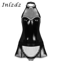Women's Maid Fancy Carnival Cosplay Costume Wet Look Leather Maid Bodysuit Role Play Clothing with Apron Maidservant Outfit 2024 - buy cheap