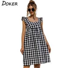 Square Collar Ruffle Loose Sleeveless High Waist A-line Pullover Mini Dress Butterfly Sleeve Plaid Casual Ladies Dresses 2024 - buy cheap