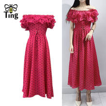Tingfly Vintage Elegant Ploka Dot Print Ruffles Slash Neck Women Summer Dress Fashion High Waist Lace Up Boho New Vestido Zaful 2024 - buy cheap