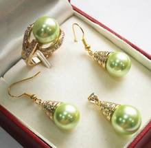 Moda jóias frete grátis bela nova jóias verde + 12mm concha pérola pingente, brinco,, anel conjunto 2024 - compre barato